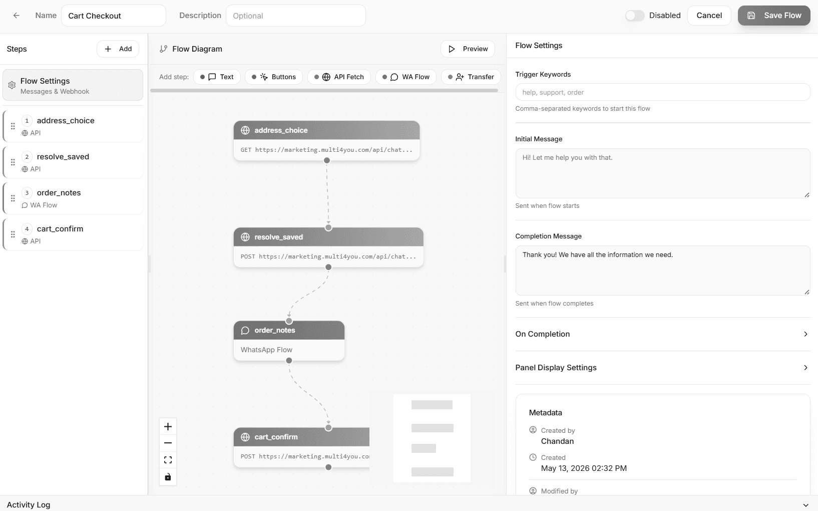 Whatscamp flow builder — a branching WhatsApp chatbot flow with API fetch, WhatsApp Flow and transfer steps